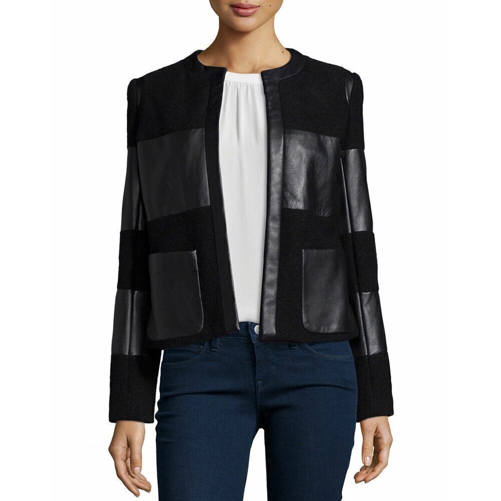 L'AGENCE Harper Black Leather Trim Wool Panel Jacket Blazer Size 2